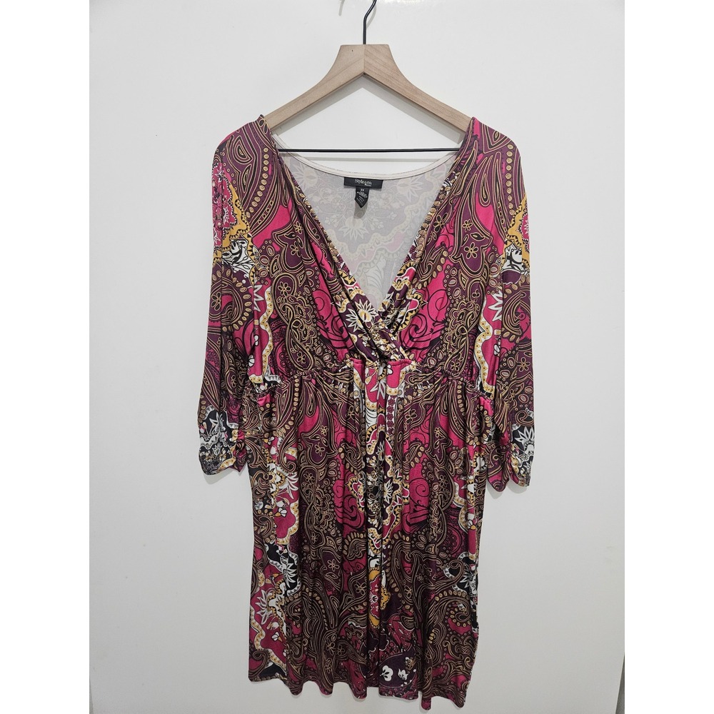 Style & Co Woman Pink Paisley Empire Waist V-Neck Dress 3X 3/4 Sleeve‎ Jersey